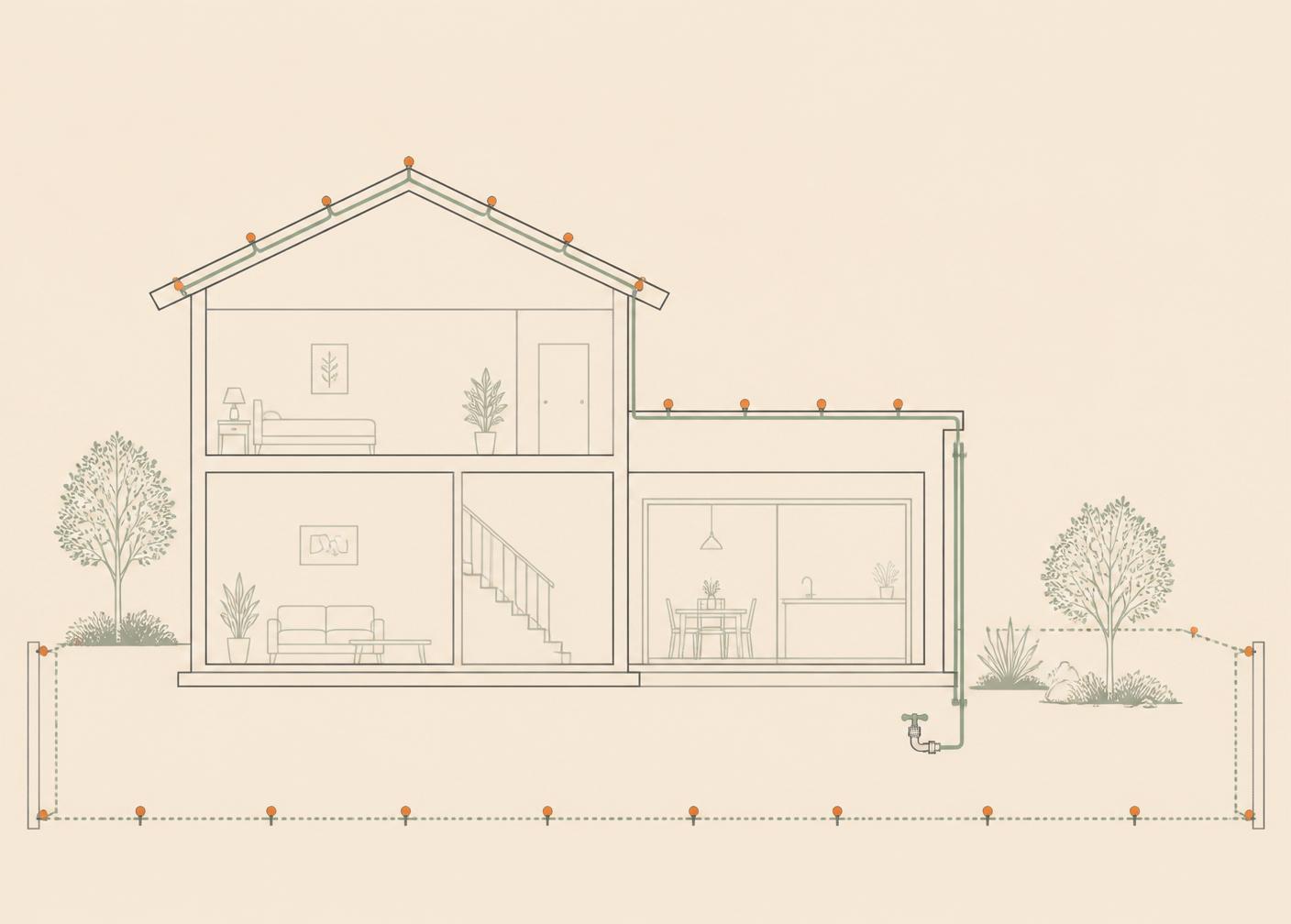 Diagram of a wetting system: tap, protection set, two circuits of nozzles along a roof ridge and a flat section