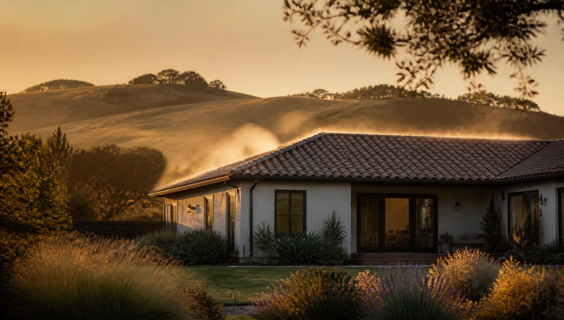 A house on a wooded ridge with a fine mist of water covering its roof at dusk