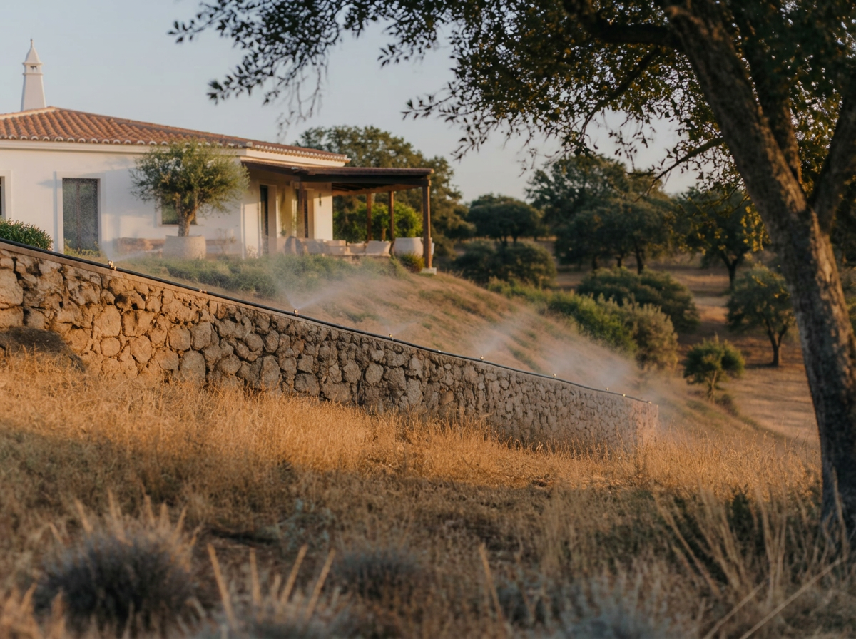 A perimeter misting line on top of a stone garden wall of a whitewashed Alentejo home