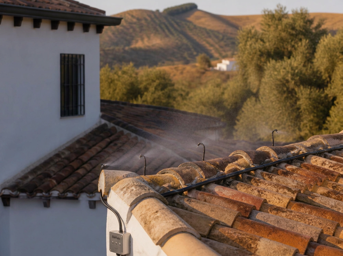Fine mist over the terracotta ridge tiles of an Andalusian farmhouse, with a discreet black tube along the ridge