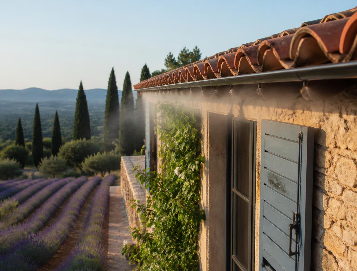 Mist along the eaves of a Provençal stone farmhouse overlooking a lavender field