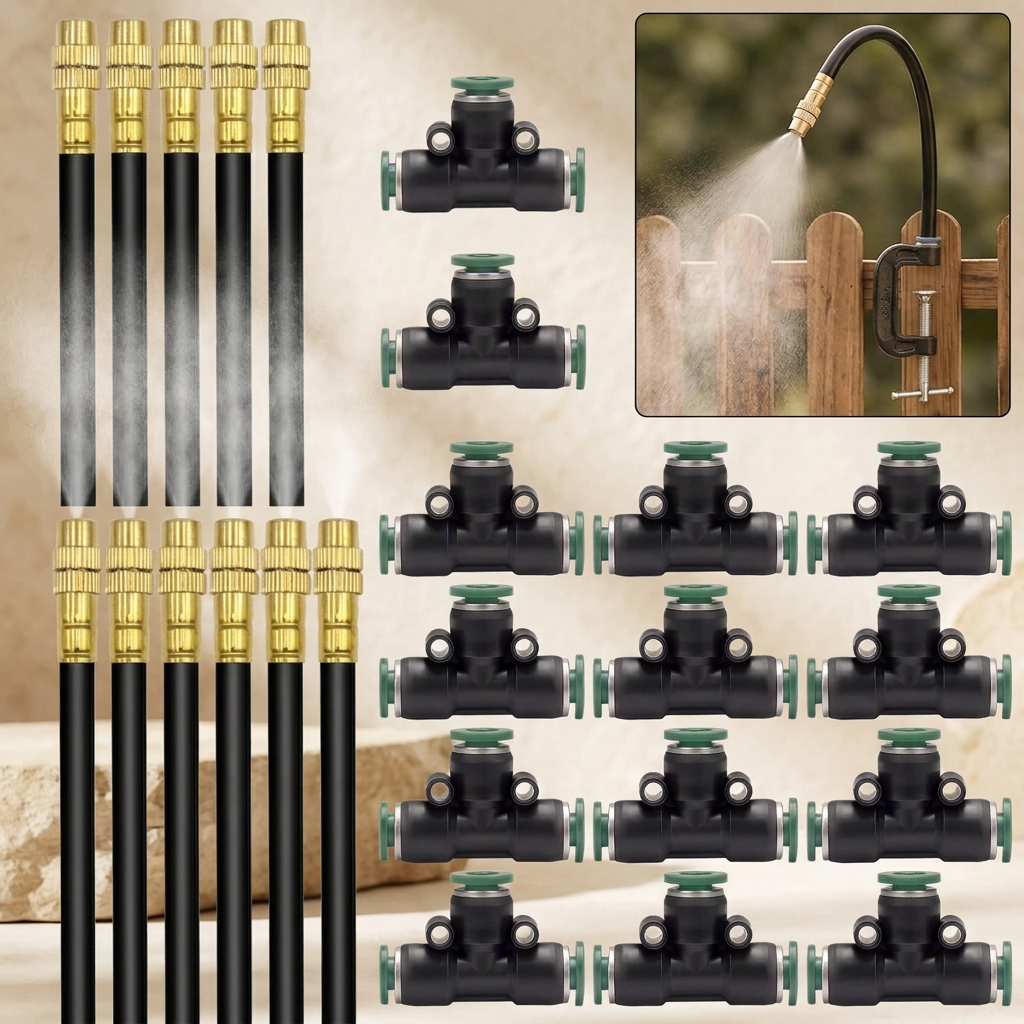 Pack of ten brass nozzles with bendable stems and click-and-connect tees