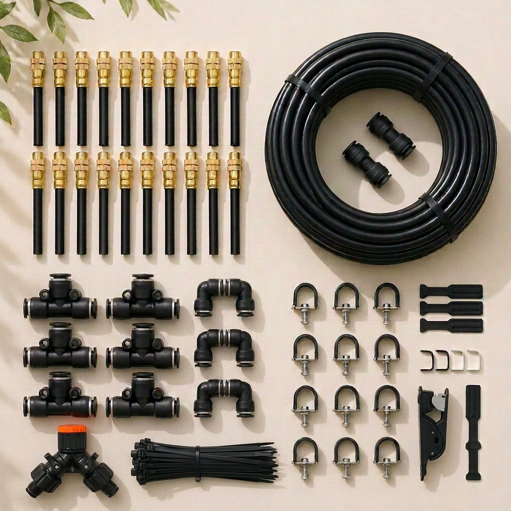 EleHalo protection set with brass nozzles, push-fit tees and mounting hardware